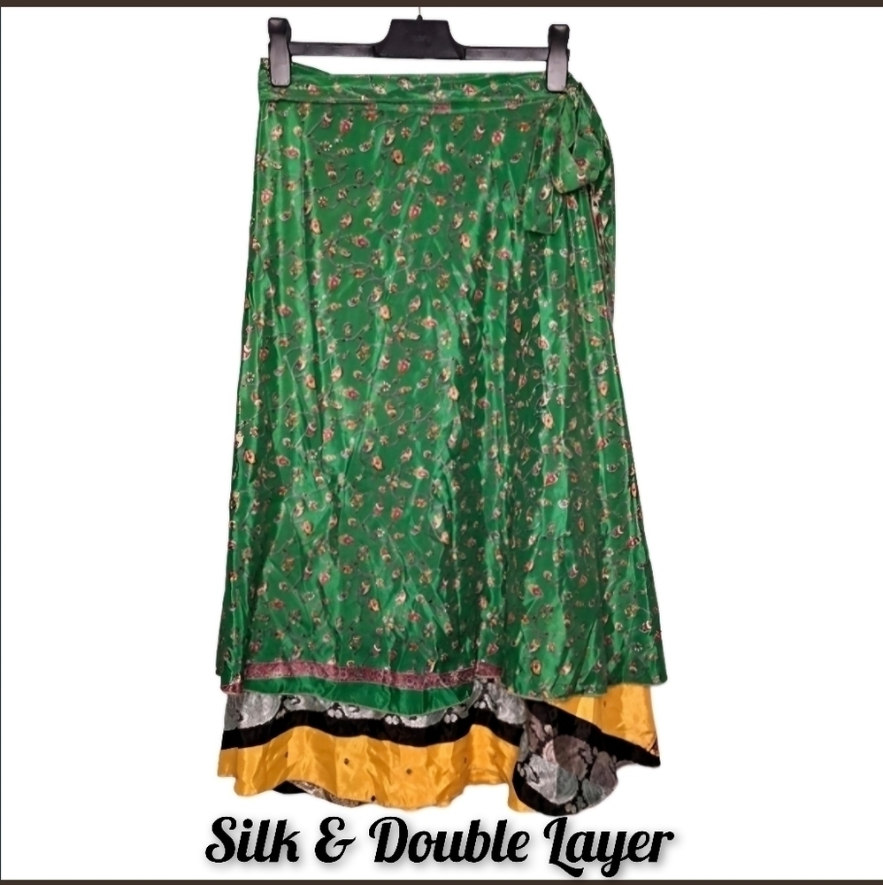 Silk Wraparound Skirt ◇ Double Layer/Reversible ◇ Green/Yellow ◇ OSFM ◇ NWOT